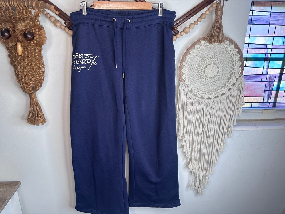 Ed Hardy Dark Blue Tattoo Broken Hearts Wide Leg Sweatpants